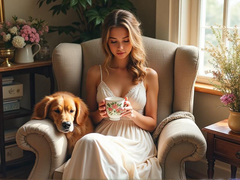 A serene scene of a bride-to-be enjoying a relaxing moment in a cozy living room, surrounded by wedding planning materials. She sips tea from a floral mug while her dog naps beside her, illustrating the importance of taking breaks and practicing self-care during the busy wedding planning process.