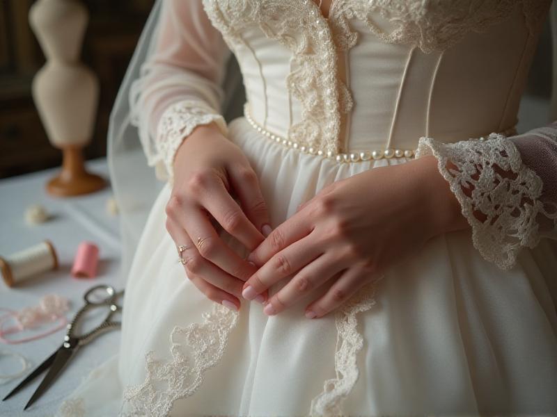 A close-up of a bride’s hands holding a delicate handmade veil adorned with lace and pearls. The veil is draped over a vintage dress form, with a pair of scissors and a spool of thread nearby, showcasing the DIY process.