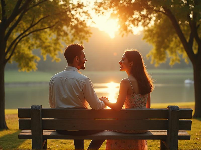 A couple sitting on a park bench, holding hands and discussing wedding plans. The golden sunlight filters through the trees, creating a warm and romantic setting that emphasizes the importance of communication in stress-free wedding planning.