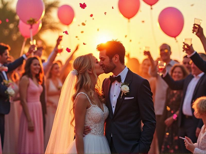 A bride and groom sharing a joyful moment on their wedding day, surrounded by loved ones. The scene is filled with laughter, confetti, and a golden sunset in the background.