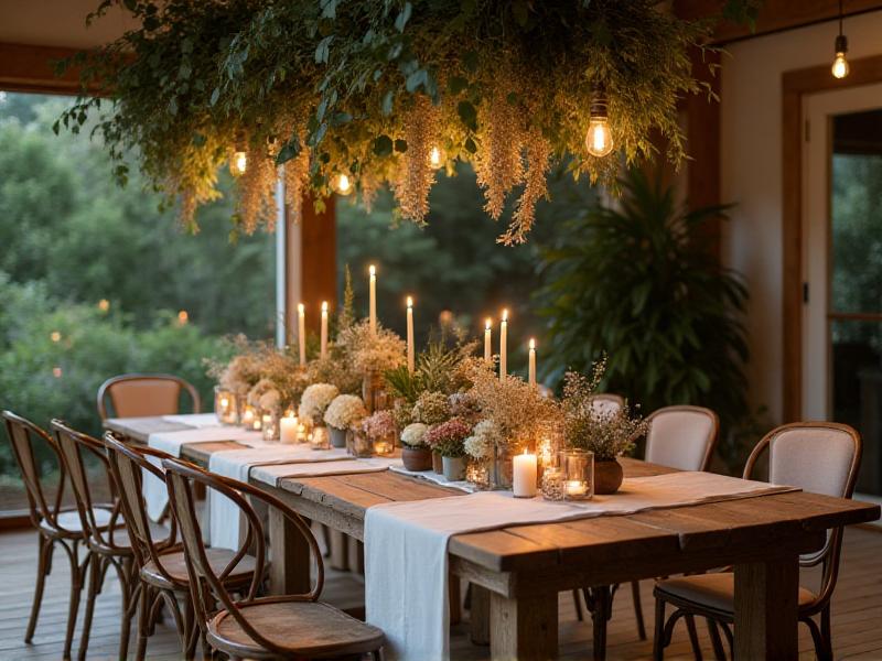 A beautifully decorated wedding table with reusable wooden centerpieces, potted plants, and candles in glass jars. The table is adorned with a linen tablecloth and surrounded by mismatched vintage chairs, creating a rustic and eco-friendly atmosphere. A garland of dried flowers and eucalyptus hangs above the table, adding a natural and sustainable charm.