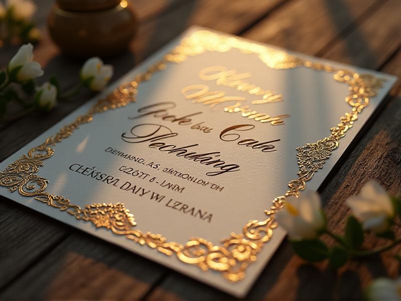 A close-up of a beautifully designed wedding invitation featuring elegant calligraphy, gold foil accents, and a floral motif. The invitation is placed on a rustic wooden table with soft natural lighting, evoking a sense of timeless romance and sophistication.