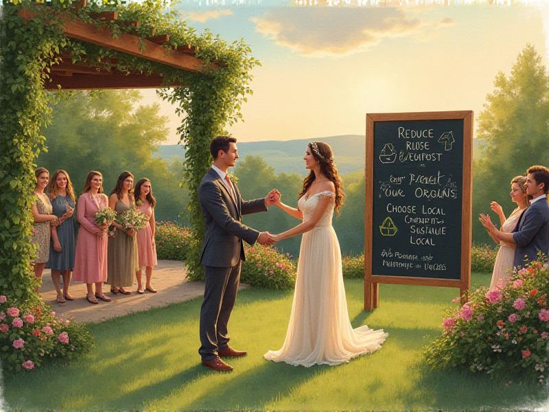 A couple standing together at their wedding venue, holding hands and smiling as they share their eco-friendly vision with their guests. Behind them, a chalkboard sign lists sustainable practices like recycling, composting, and supporting local vendors, creating a warm and inspiring atmosphere for the celebration.