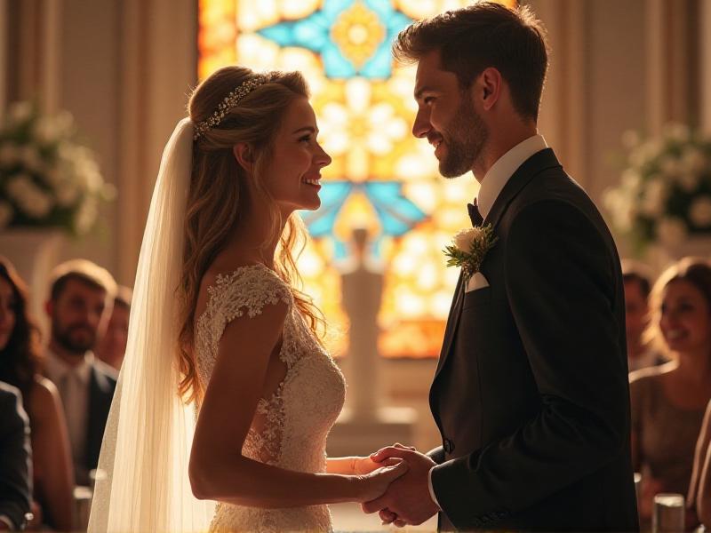 A close-up of the bride and groom holding hands during their wedding ceremony, with soft sunlight streaming through a stained-glass window. Their expressions are filled with love and emotion, and the intimate moment is captured against a blurred background of guests. The scene radiates warmth and connection.