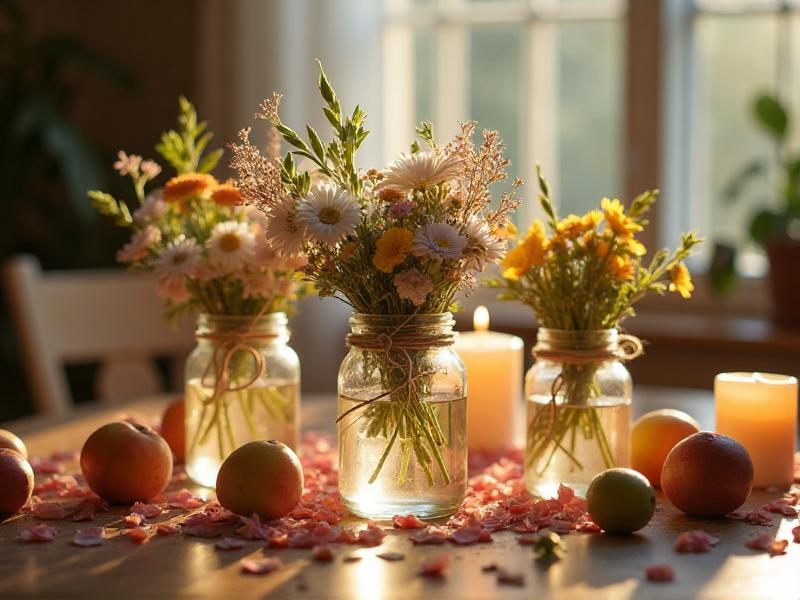 A hands-on DIY wedding decor project featuring a table covered with crafting supplies like mason jars, twine, fresh flowers, and candles. The jars are being transformed into elegant centerpieces with a rustic charm. The warm lighting and scattered petals create a cozy and creative atmosphere.