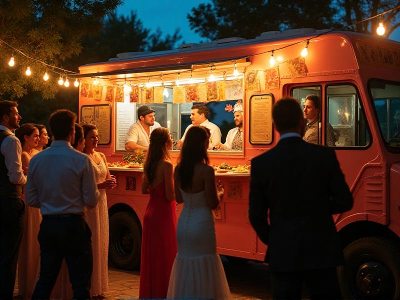 A vibrant food truck serving gourmet tacos at a wedding reception. The truck is decorated with string lights and colorful banners, and guests are lined up with plates in hand. The casual yet festive atmosphere is enhanced by the golden hour sunlight and laughter in the background.