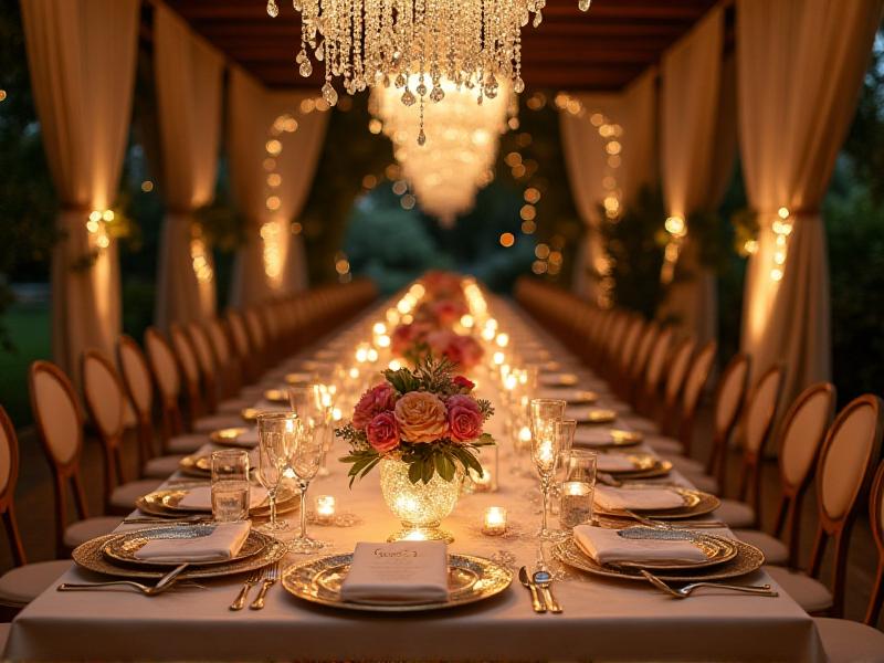 A beautifully decorated wedding table with personalized place cards, custom menus, and unique centerpieces that reflect the couple’s love story. The warm, ambient lighting creates a cozy and intimate atmosphere, perfect for a stress-free and meaningful celebration.