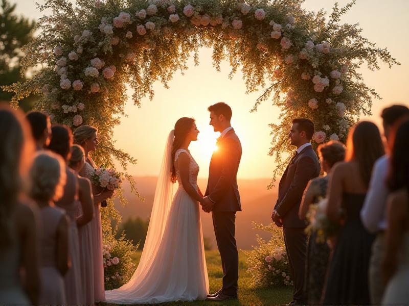 A heartfelt wedding ceremony taking place under a floral arch adorned with white and pink flowers. The couple stands hand in hand, exchanging vows, while guests look on with smiles and tears of joy. The setting sun casts a warm glow over the scene.