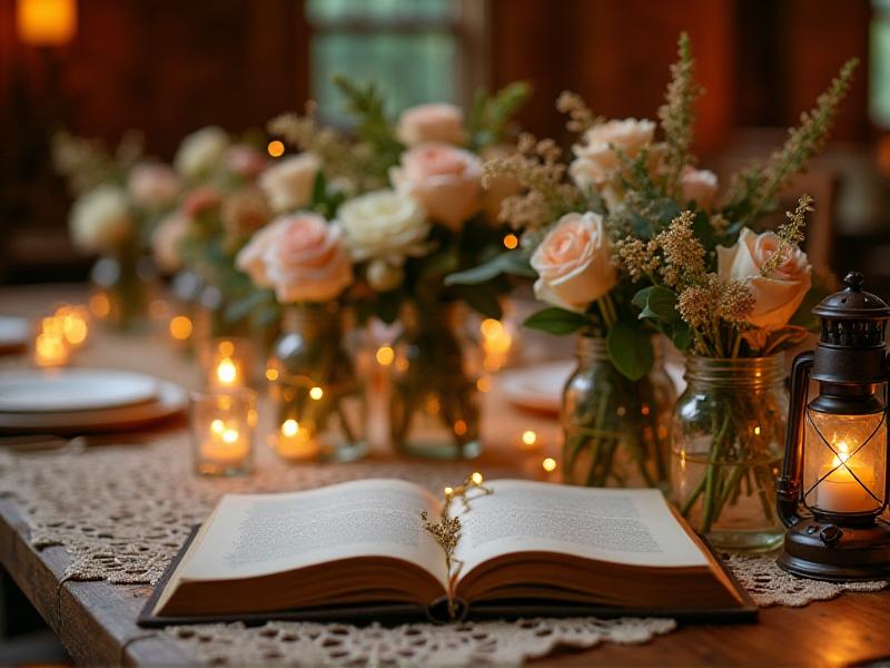 A beautifully styled photo of 'Bridal Bliss' open to a page featuring a rustic wedding setup with wooden tables, mason jar centerpieces, and string lights. The book is surrounded by fresh flowers, a lace tablecloth, and a vintage lantern, creating a romantic and inspiring scene for couples planning their wedding.