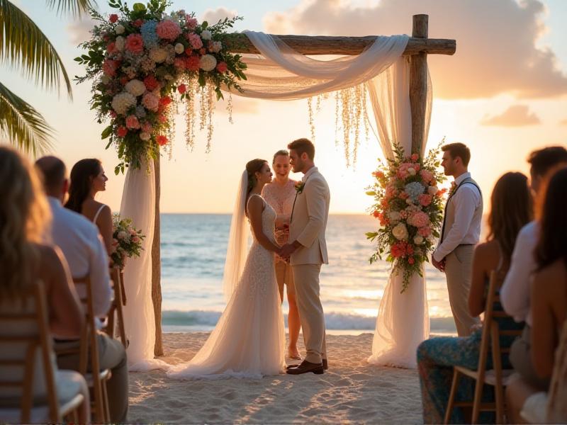 A romantic beachside wedding ceremony at sunset, with a wooden arch adorned with flowing white fabric and tropical flowers. The ocean waves gently crash in the background, and the golden light of the setting sun casts a warm glow over the intimate gathering.