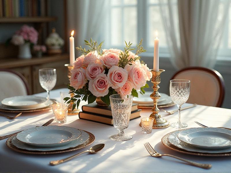 A vintage-inspired wedding table setting with antique books, gold candlesticks, and soft pink roses. The scene is elegant and timeless, with a muted color palette and a touch of old-world charm.