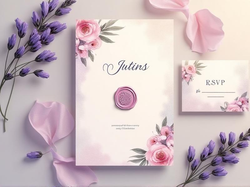 A flat lay of a wedding invitation suite, including the main invitation, RSVP card, and details card. The design features soft pastel colors, delicate watercolor flowers, and a modern sans-serif font. The arrangement is styled with a sprig of lavender and a wax seal, creating a cohesive and elegant look.