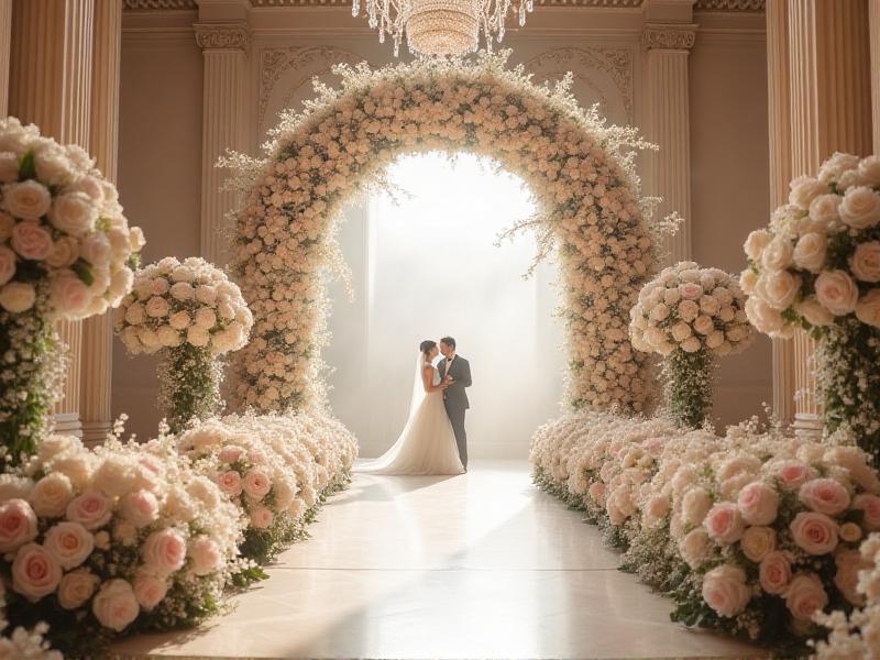 A grand wedding ceremony with a massive floral arch covered in white and blush pink blooms, including roses, peonies, and hydrangeas. The aisle is lined with matching floral arrangements, and the overall effect is lush, romantic, and breathtaking.