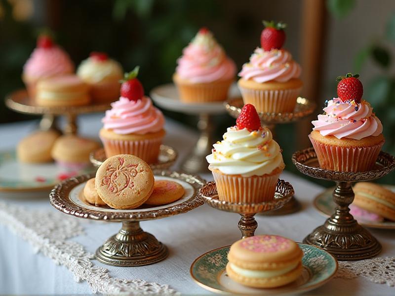 A beautifully arranged dessert table featuring an assortment of homemade cupcakes, cookies, and macarons. The desserts are displayed on vintage cake stands and plates, with a chalkboard sign labeling each treat. The table is decorated with fresh flowers and fairy lights.