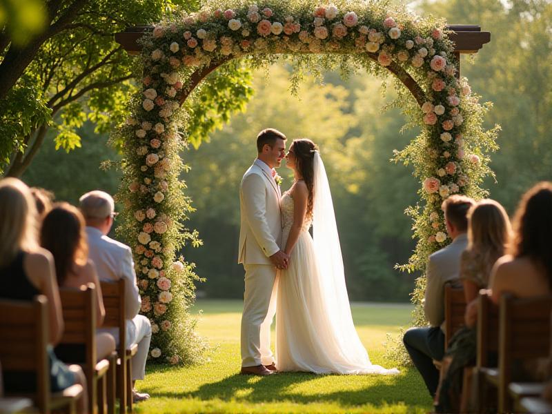 A small group of guests gathered in a cozy garden for an intimate wedding ceremony. The couple stands under a floral arch, surrounded by loved ones seated on wooden benches. The soft sunlight filters through the trees, creating a warm and heartfelt atmosphere.