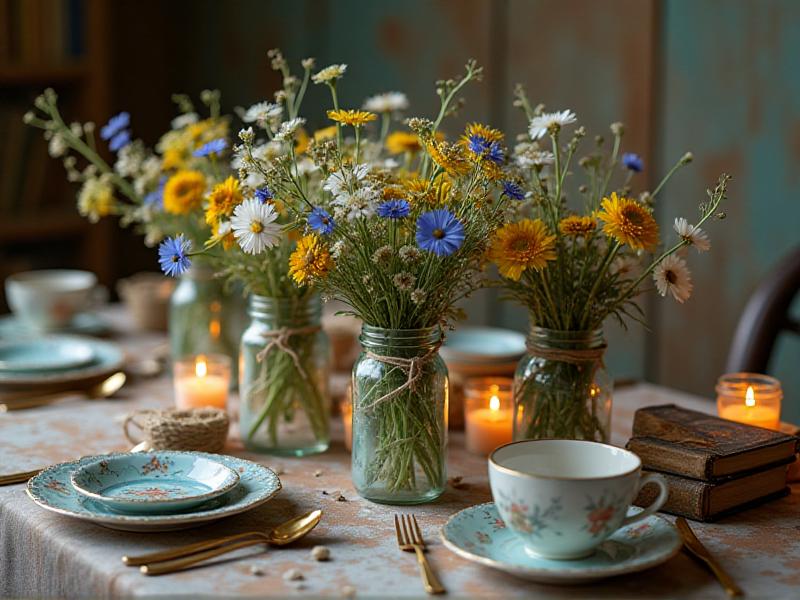 A rustic table setting featuring DIY centerpieces made of mason jars filled with wildflowers, surrounded by vintage books, candles, and twine. The table is set with mismatched china and gold cutlery, creating a charming and eclectic look.