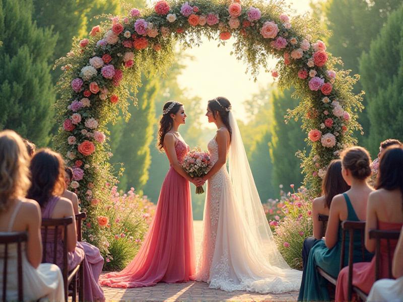 A joyful LGBTQ+ wedding ceremony under a floral arch, with two brides holding hands and exchanging vows. The setting is a lush garden filled with colorful flowers, and guests are seated on wooden benches, smiling and celebrating the couple’s love.