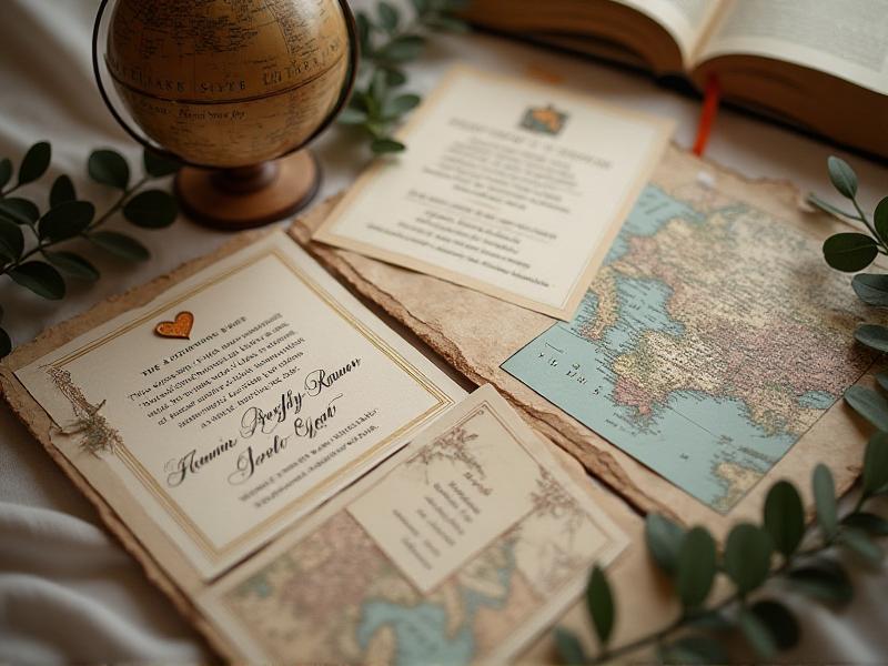 A collection of personalized wedding invitations featuring unique elements like custom monograms, photo inserts, and thematic designs. One invitation showcases a map background with a heart marking a special location, while another includes a quote from the couple’s favorite book. The arrangement is styled with vintage postcards and a small globe, adding a sense of adventure and individuality.