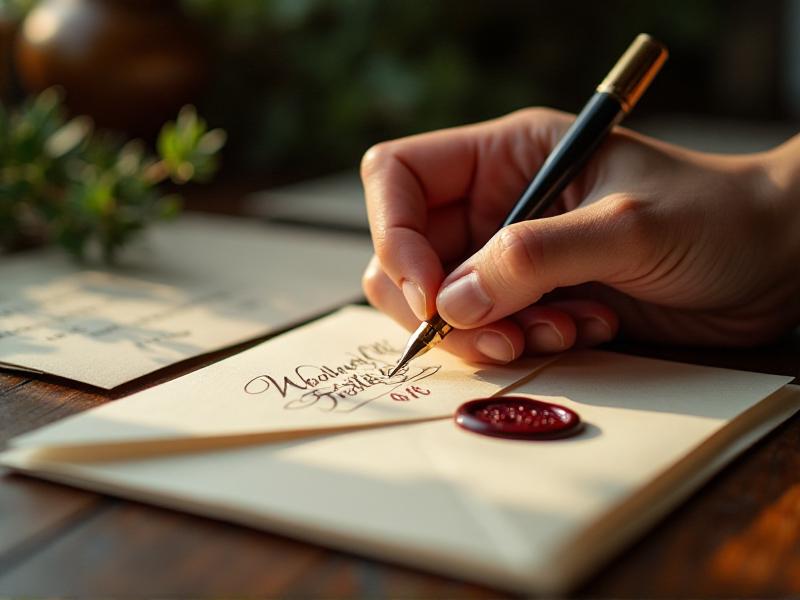 A hand addressing a wedding envelope with a calligraphy pen. The envelope features elegant script in black ink, with a wax seal in a deep burgundy color. The background includes a vintage writing desk with scattered envelopes, sealing wax, and a sprig of greenery, creating a nostalgic and romantic atmosphere.