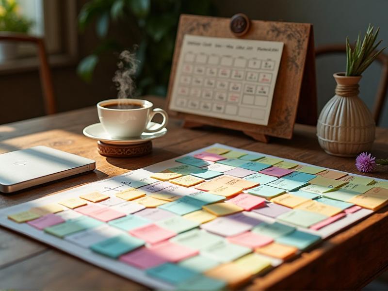 A beautifully organized wedding planning timeline on a rustic wooden table, featuring colorful sticky notes, a calendar, and a cup of coffee. The warm lighting creates a cozy and productive atmosphere, perfect for planning a stress-free wedding.