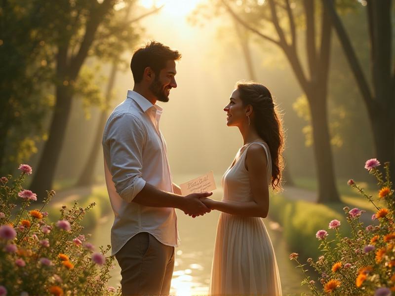 A couple standing at an outdoor altar, holding hands and reading personalized vows from handwritten notes. The setting is a serene garden with soft sunlight filtering through the trees, creating a warm and intimate atmosphere.