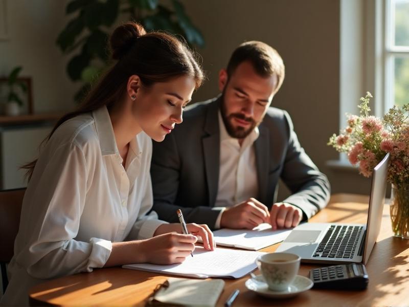 A couple sitting at a dining table, reviewing a wedding budget spreadsheet on a laptop. The room is softly lit with natural light, and a notebook and calculator are placed nearby, symbolizing careful financial planning for a stress-free wedding.