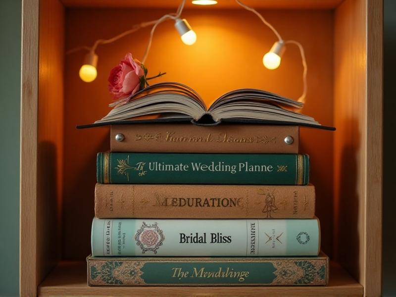 A cozy stack of various wedding planning books on a wooden shelf, with titles like 'The Ultimate Wedding Planner,' 'Bridal Bliss,' and 'The Mindful Wedding' visible. The warm lighting and soft background create a welcoming and inspiring atmosphere, perfect for couples embarking on their wedding planning journey.