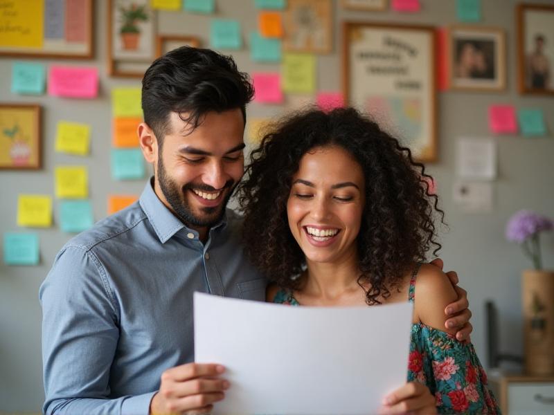 A couple laughing together while looking at a wedding planning checklist, surrounded by colorful sticky notes and inspiration boards. The scene is lighthearted and joyful, capturing the excitement and anticipation of planning their special day.