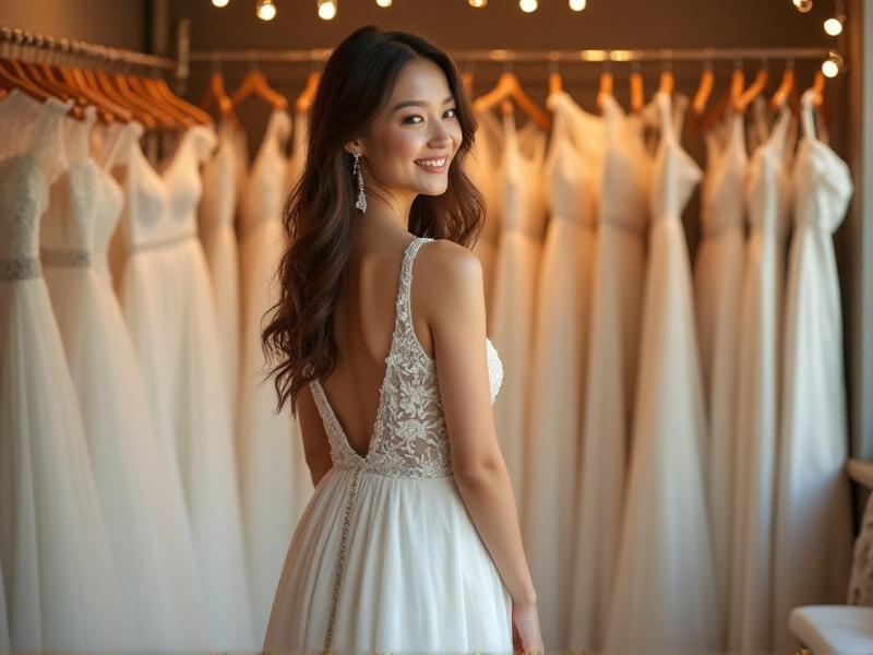 A bride trying on a simple yet elegant white gown in a cozy boutique. The dress has delicate lace details and a flowing silhouette. The soft lighting and full-length mirror reflect her joyful expression as she admires herself, surrounded by racks of other beautiful dresses.