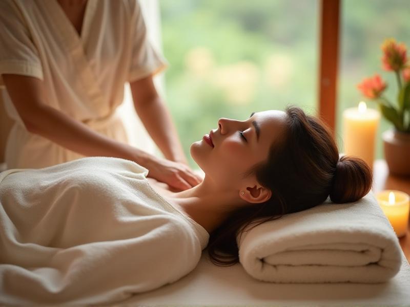 A serene spa setting with a bride-to-be enjoying a relaxing massage, surrounded by candles, soft towels, and calming essential oils. The soft, warm lighting creates a tranquil atmosphere, emphasizing the importance of self-care during wedding planning.