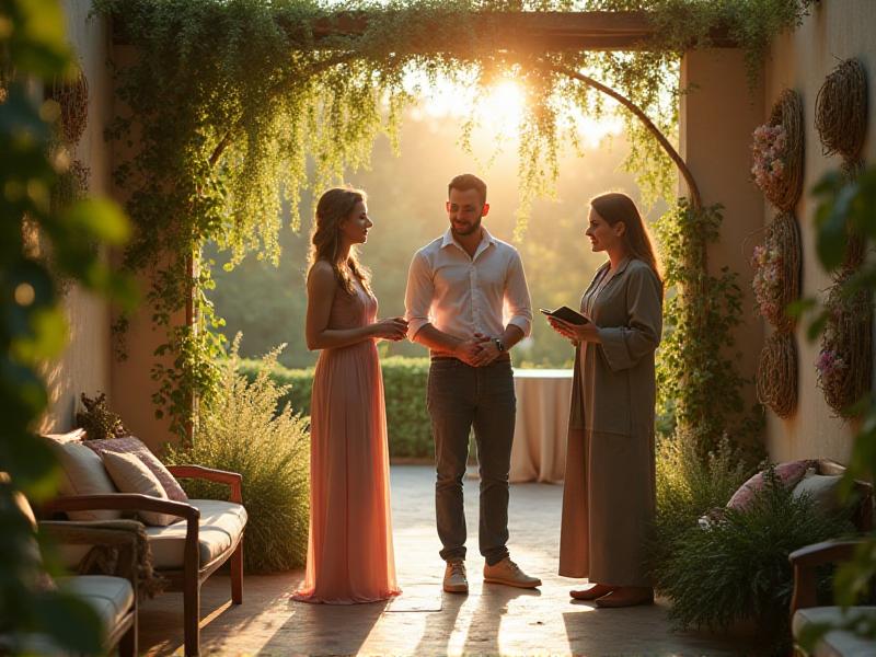 A group of local wedding vendors, including a florist, photographer, and caterer, collaborating at a sustainable wedding venue. The vendors are seen discussing plans while surrounded by eco-friendly decorations and locally sourced materials, showcasing their commitment to ethical and sustainable practices.