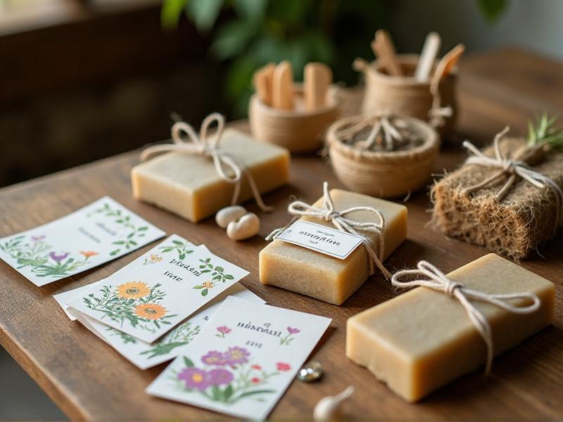 A collection of sustainable wedding favors displayed on a wooden table, including seed packets, reusable bamboo utensils, and handmade soaps wrapped in biodegradable paper. Each favor is tied with a natural twine bow and accompanied by a small thank-you note, creating a thoughtful and eco-friendly gesture for guests.