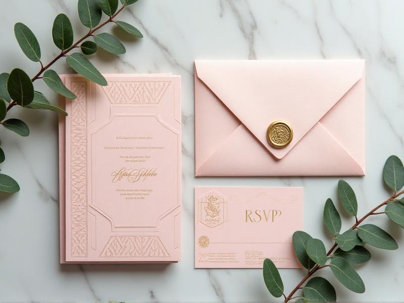 A beautifully styled flat lay of a completed wedding invitation suite, including the main invitation, RSVP card, details card, and envelope. The design features a modern geometric pattern in soft blush and gold tones, with a personalized wax seal and a sprig of eucalyptus. The arrangement is set on a marble surface with soft lighting, creating a luxurious and cohesive aesthetic.