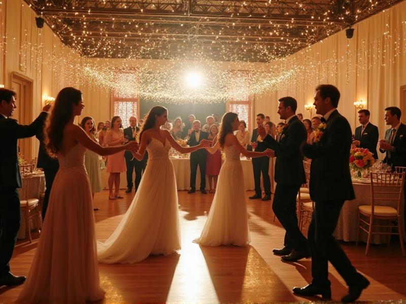 A lively wedding reception with guests dancing under twinkling lights. The dance floor is surrounded by beautifully decorated tables, and a band is playing upbeat music in the background.