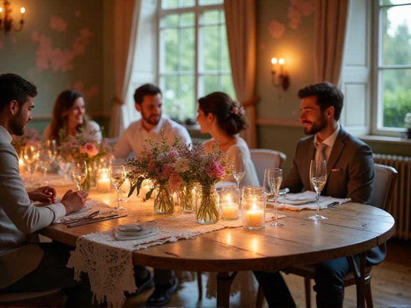 A cozy wedding reception table with mismatched vintage chairs, lace table runners, and mason jar centerpieces filled with wildflowers. The setting is rustic and charming, with soft candlelight creating a warm and romantic ambiance.