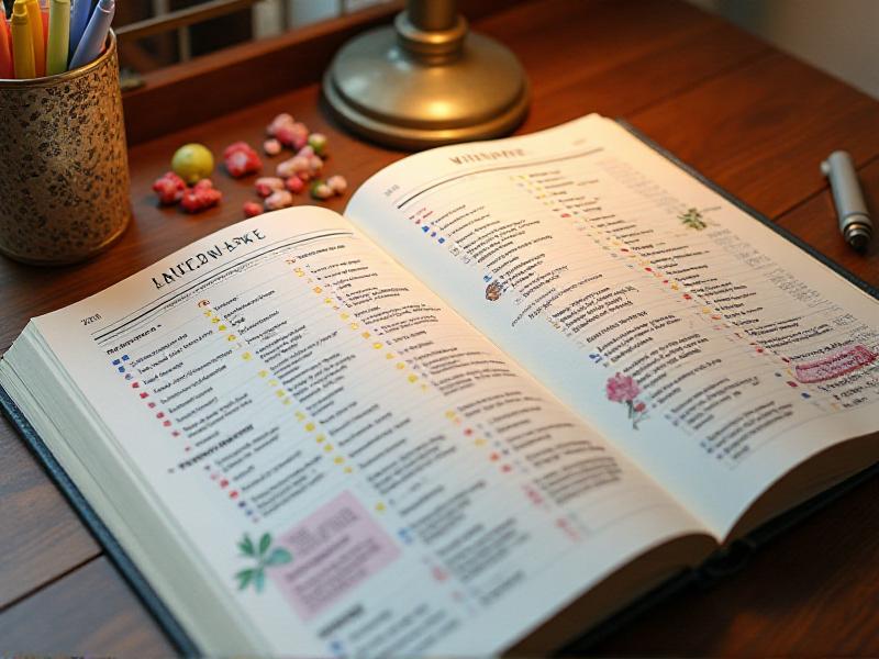 A detailed view of 'The Ultimate Wedding Planner' book open to a page with a checklist and timeline. The page is filled with colorful icons and bullet points, making it easy to read and follow. The book is placed on a desk with a pen and notebook nearby, ready for a couple to start planning their dream wedding.