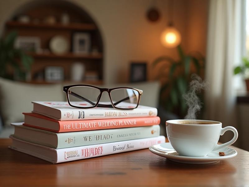 A cozy stack of wedding planning books on a wooden table, with a cup of coffee and a pair of reading glasses beside them. The books have colorful covers and titles like 'The Ultimate Wedding Planner' and 'Bridal Bliss.' The warm lighting creates a welcoming atmosphere, perfect for a couple planning their special day.