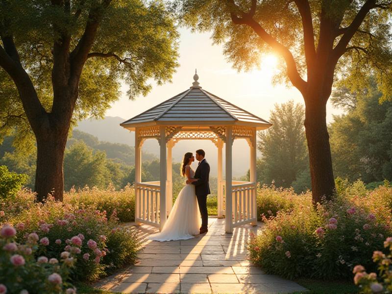 A breathtaking outdoor wedding venue with a white gazebo surrounded by lush greenery and blooming flowers. The scene is bathed in soft, golden sunlight, creating a romantic and serene atmosphere.