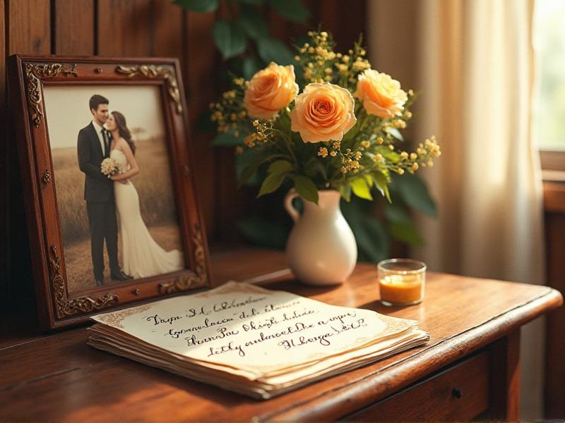 A stack of handwritten thank-you notes with elegant calligraphy, placed next to a vase of fresh flowers and a wedding photo. The scene is warm and heartfelt, reflecting gratitude and love.