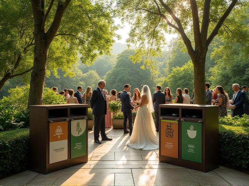 A set of clearly labeled recycling and compost bins placed at a wedding venue, surrounded by guests disposing of their waste responsibly. The bins are made from recycled materials and feature eco-friendly signage, emphasizing the couple’s commitment to sustainability and waste reduction.