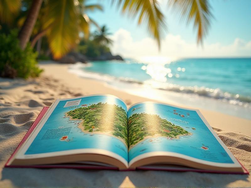 A picturesque image of 'The Destination Wedding Handbook' open to a page with a map and tips for choosing a wedding location. The book is placed on a sandy beach with a turquoise ocean in the background, symbolizing the dream of a destination wedding in a beautiful and exotic location.