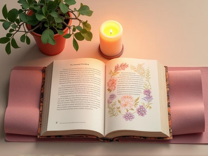 A serene image of 'The Mindful Wedding' book open to a page with a meditation exercise and a quote about love and mindfulness. The book is placed on a yoga mat with a candle and a small potted plant nearby, creating a peaceful and reflective atmosphere that aligns with the book's theme of intentional wedding planning.