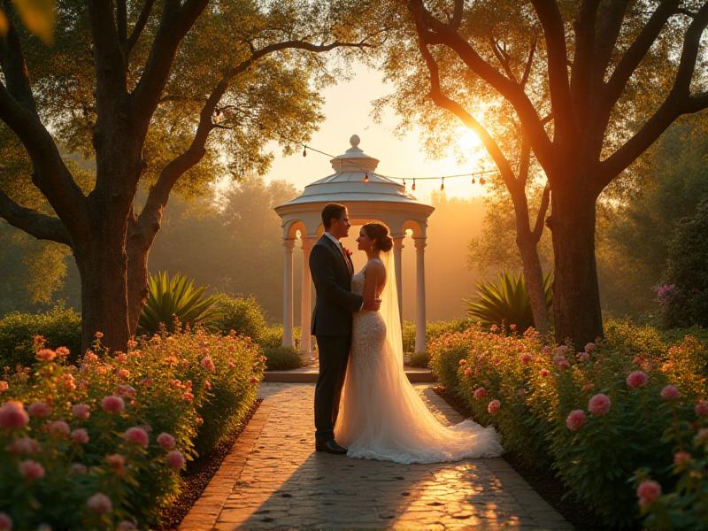 A stunning outdoor wedding venue with a lush green garden, a white gazebo adorned with flowers, and string lights hanging above. The golden hour sunlight creates a magical and romantic ambiance, ideal for a stress-free wedding celebration.