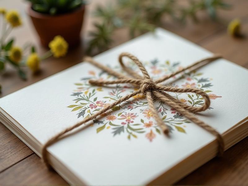 A close-up of eco-friendly wedding invitations made from recycled paper, featuring delicate floral designs printed with soy-based ink. The invitations are tied together with a natural twine bow, resting on a wooden table with a few scattered wildflowers and a small potted plant in the background, symbolizing sustainability and nature.