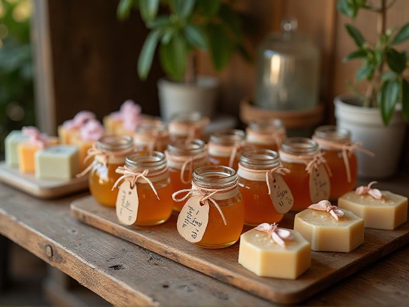 A table filled with charming DIY wedding favors, including small glass jars of honey, handmade soaps, and mini potted plants. Each favor is tied with a ribbon and a personalized tag. The rustic wooden table and soft lighting create a warm and inviting display.