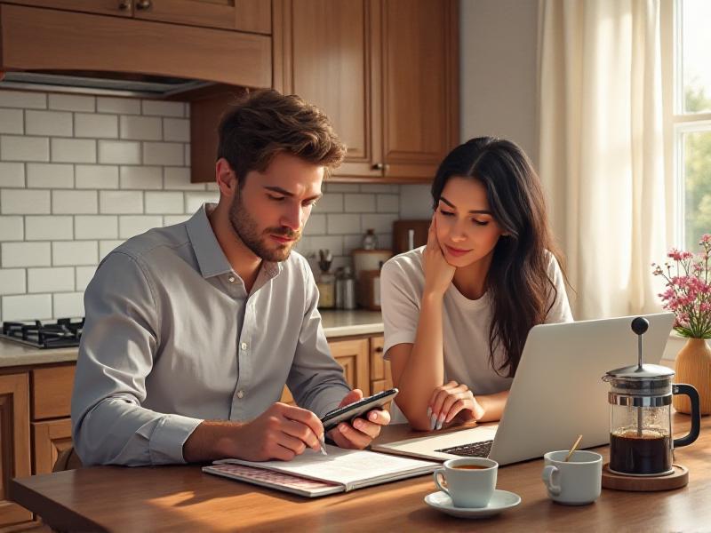 A couple sitting at a kitchen table with a laptop, notebooks, and a calculator, discussing their wedding budget. The scene is cozy, with soft natural light filtering through the window and a cup of coffee on the table.