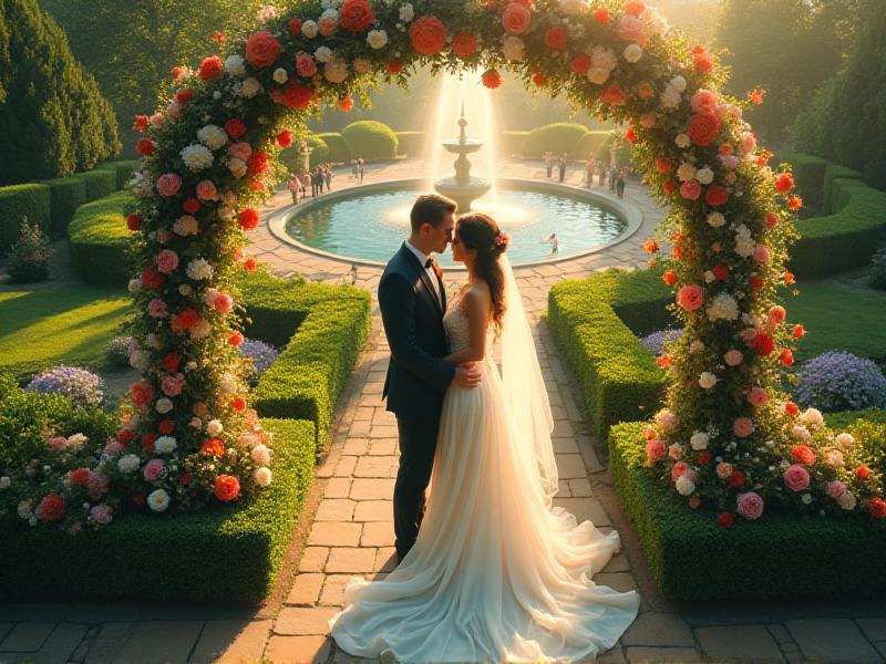 A breathtaking aerial view of a wedding ceremony taking place in a lush green garden. The bride and groom stand under a floral arch surrounded by guests, with the drone capturing the vibrant colors of the flowers and the serene beauty of the landscape from above.