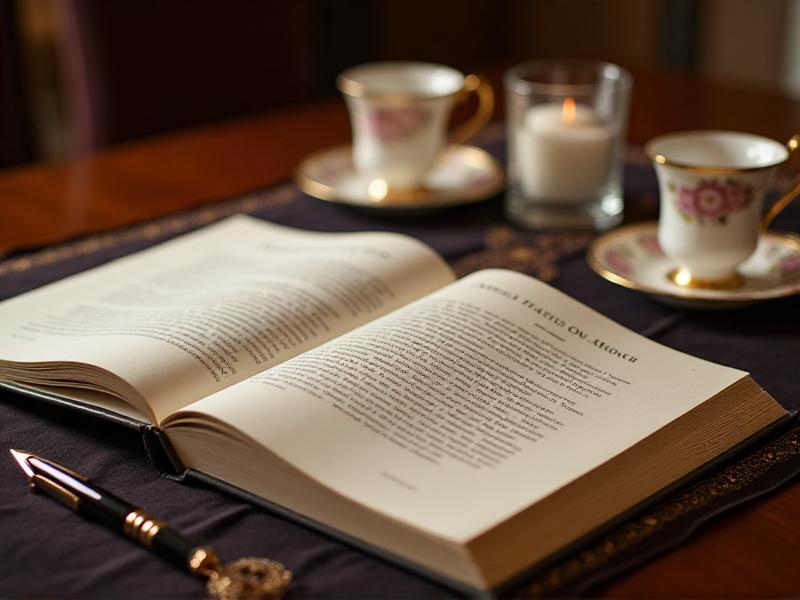 A polished image of 'The Wedding Planner's Guide to Etiquette' open to a page with sample wording for wedding invitations. The book is placed on a formal dining table next to a set of fine china and a silver pen, creating an elegant and sophisticated atmosphere that reflects the book's focus on proper wedding etiquette.