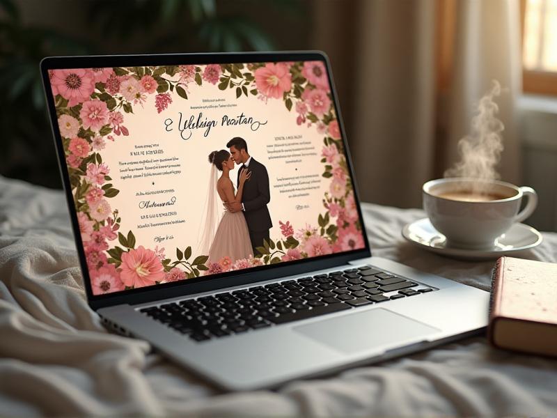 A laptop screen displaying a beautifully designed digital wedding invitation with floral motifs and elegant typography. The invitation features a romantic photo of the couple and details about the ceremony. A cup of coffee and a notebook sit beside the laptop, suggesting a cozy planning session.