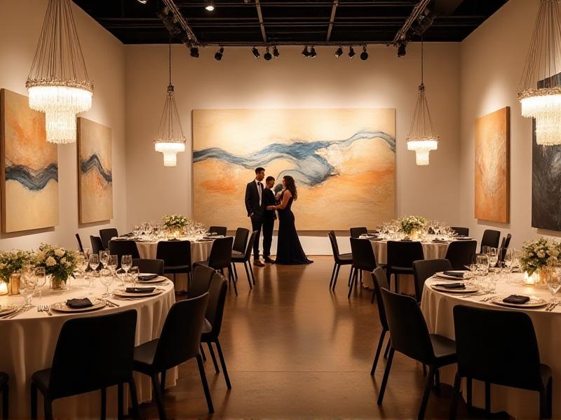 A modern art gallery transformed into a wedding venue, with abstract paintings on the walls, elegant round tables draped in white linens, and soft, ambient lighting creating a sophisticated and artistic atmosphere.